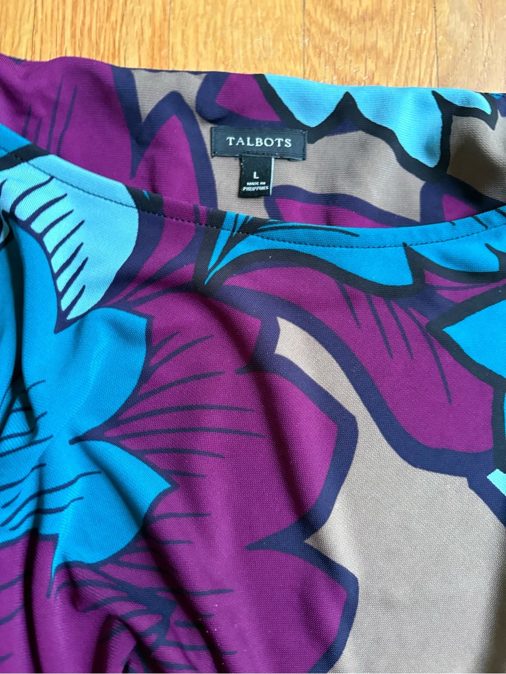 Talbots Floral Twist Waist Midi Dress Size L Blue Purple Stretch - Picture 5 of 5